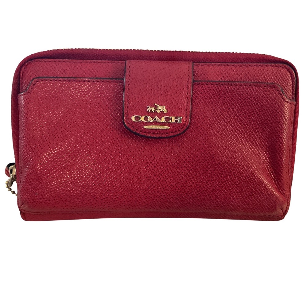 Coach Red Pebbled Leather‎ Wristlet Wallet Zip Around Clutch Card Holder